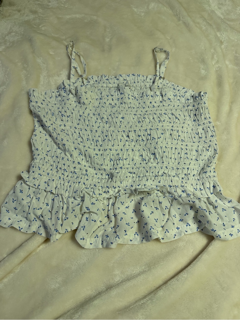 White Smocked Crop Cami with Blue Floral Print